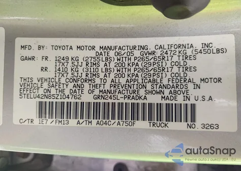 2005 Toyota Tacoma Base V6 z USA, uszkodzony, nr VIN 5TELU42N85Z104762
